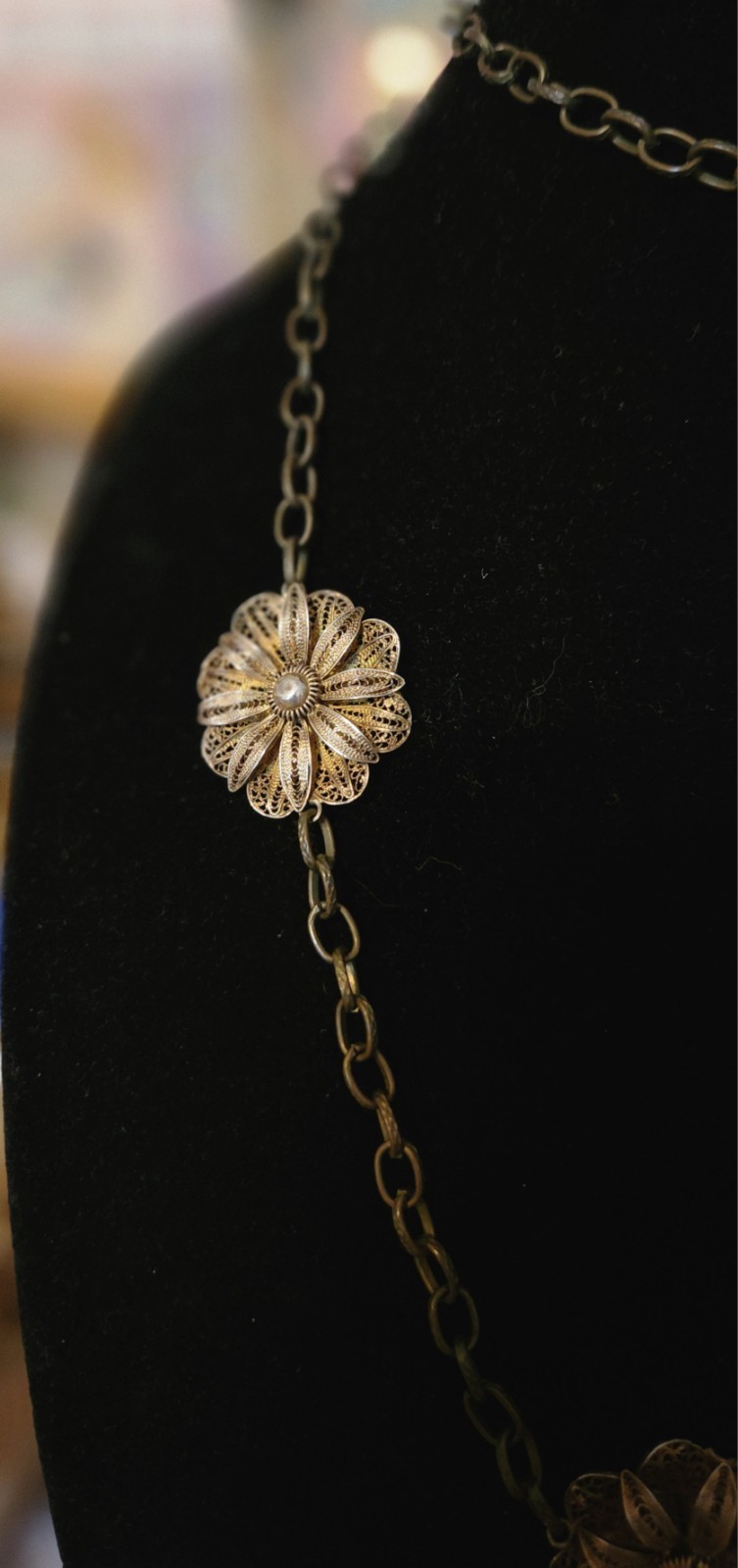 VTG Silver (tested) Filigree Flower Station Charms On Bronze-tone Chain