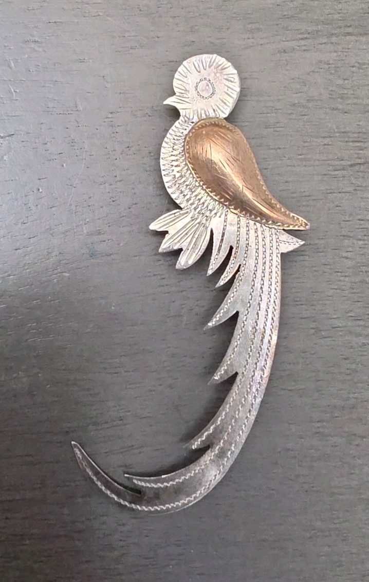 Vintage Quetzal Bird Pin Silver 900 Coin Silver Rose/brass Accents Guatemala