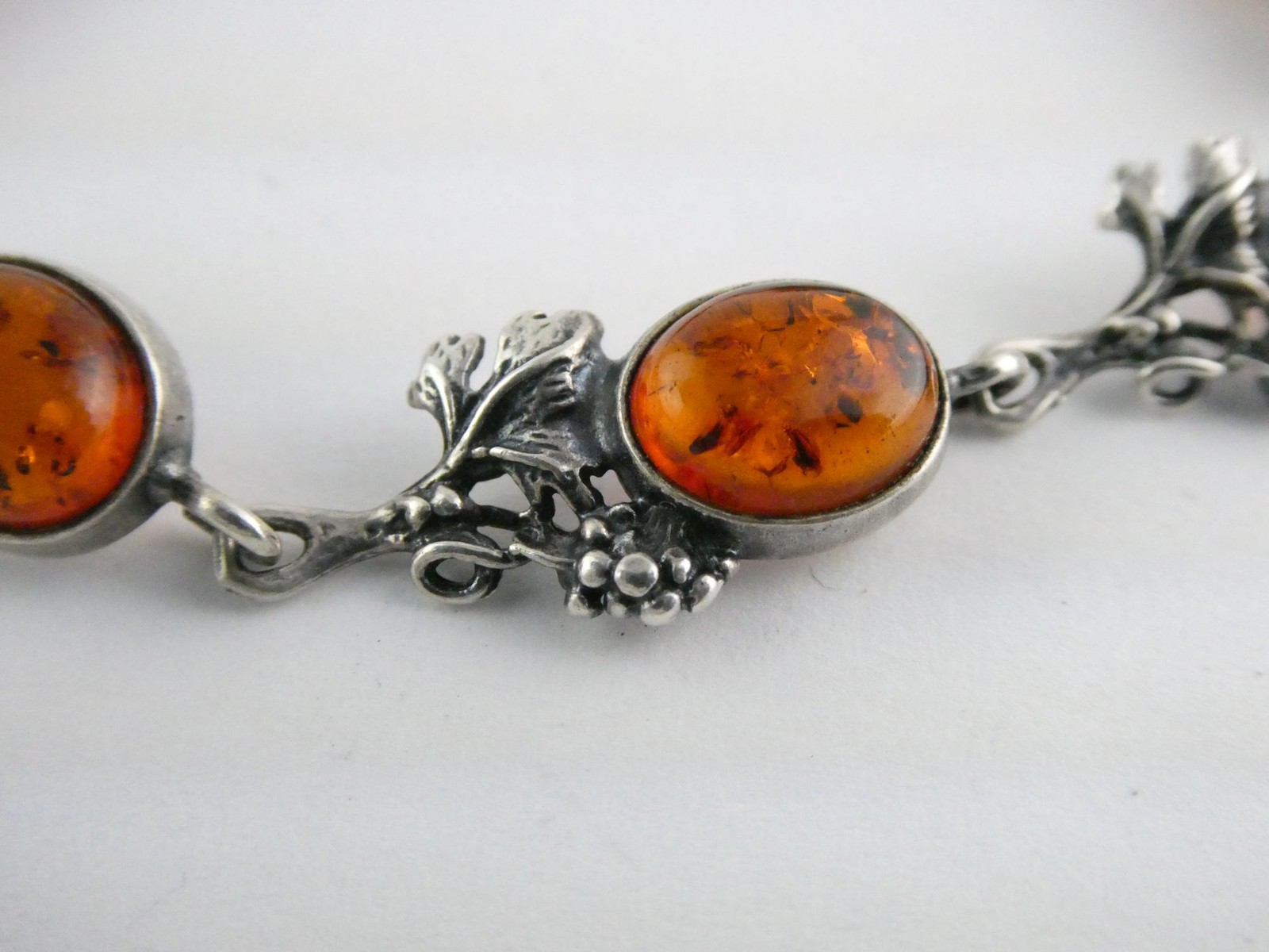 Vintage Sterling Silver Amber Cabochon Grape Vine Link Bracelet 925 7.25In 10.6g