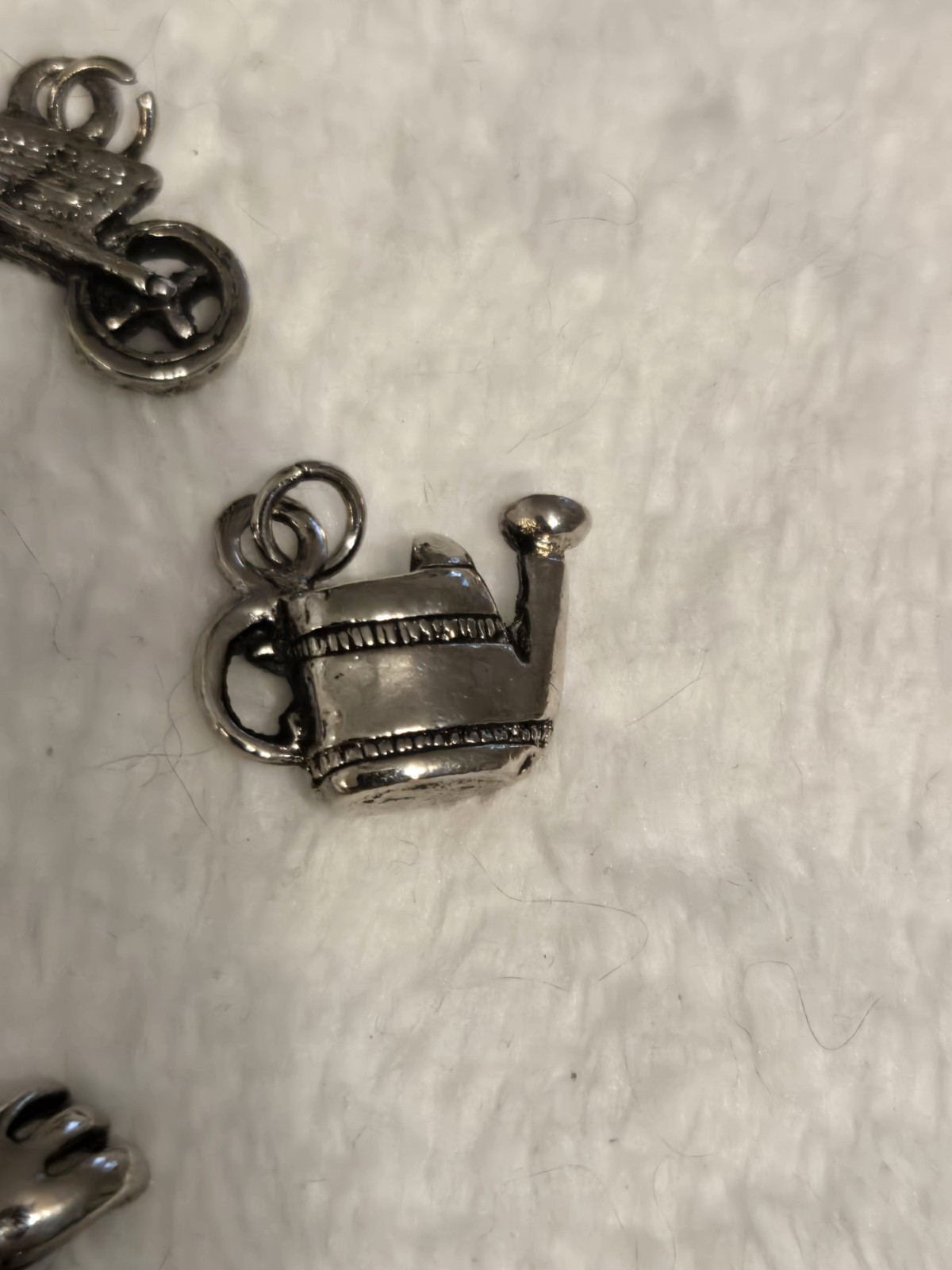 Lot of 4 Gardening Charms Silvertone Watering Can Bee Wheelbarrow Trowel