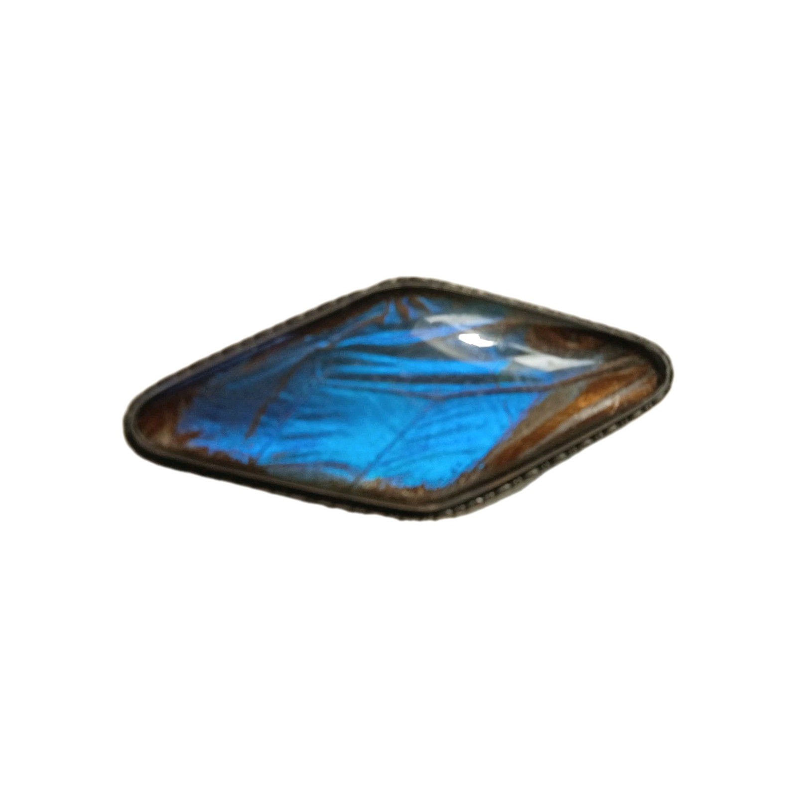 Antique Sterling Silver Brooch Signed “England” Bl. Butterfly wing in glass 2″