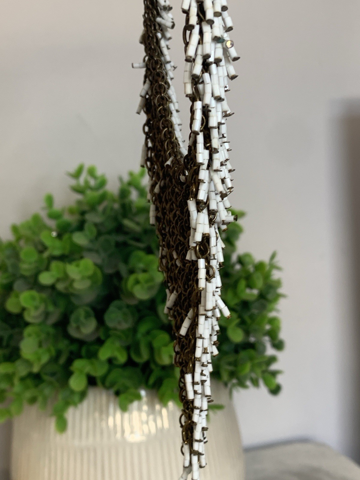 Vintage Beaded Fringe Bib Necklace White Bugle Bead Cascade Statement