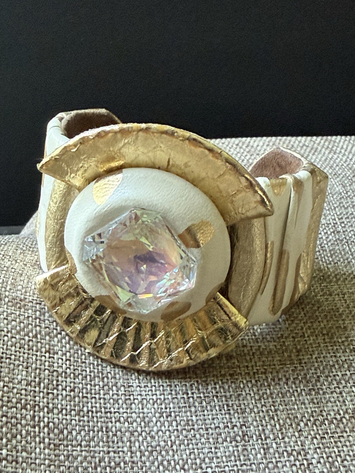 Vintage Chunky Leather Rhinestone Bangle Cuff Bracelet Cream Gold Tone 80s 90s