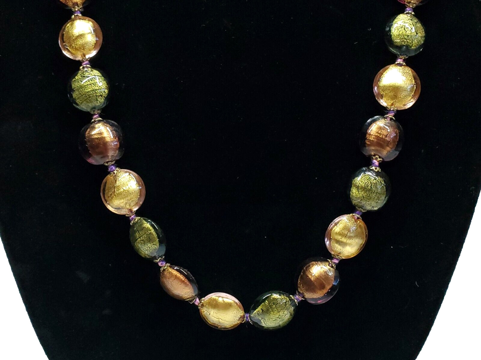 Vintage Signed Elma Venezia Italy Art Foil Glass Green Brown Gold Long Necklace