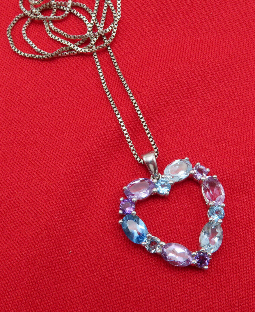 Vintage Sterling Silver Necklace Heart Pendant Purple Blue Topaz Gemstones 313c