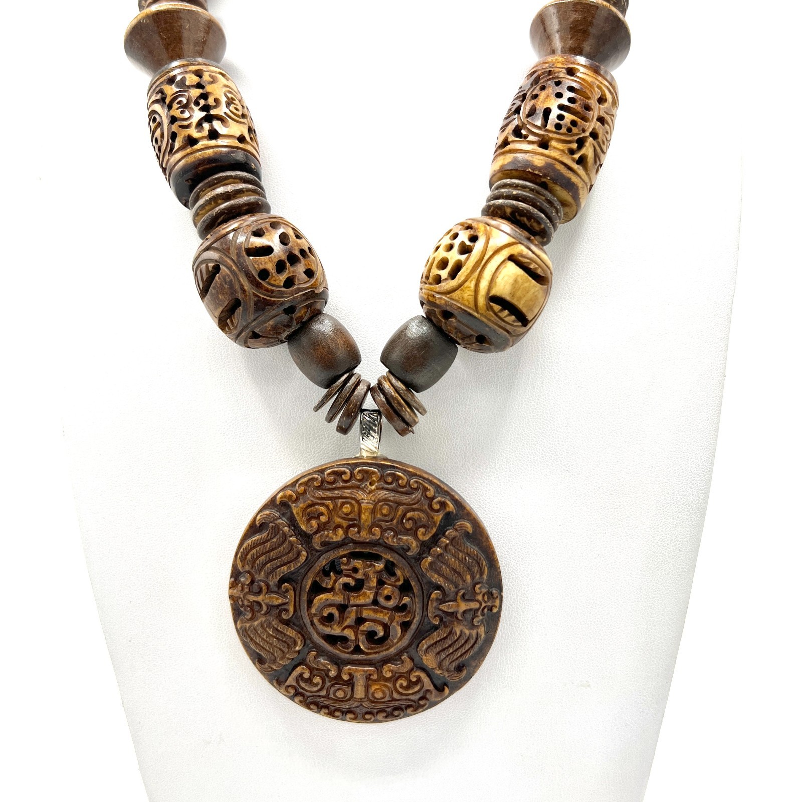 Chunky Vtg Artisan Carved Wood Bead Necklace-Asian Style Ceramic Medal Pendant
