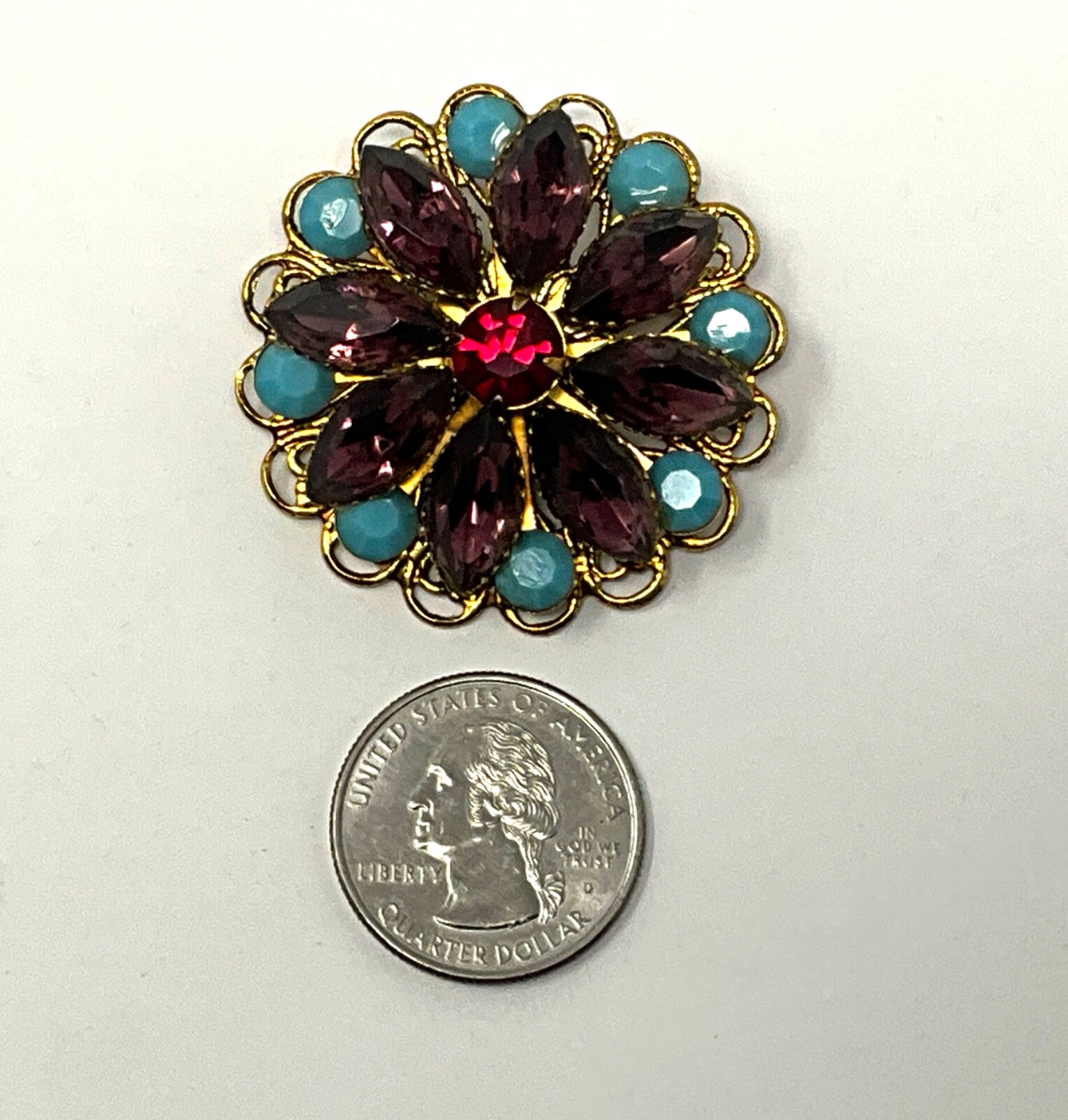 Vintage Purple and Blue Rhinestone Prong Set Brooch Pin