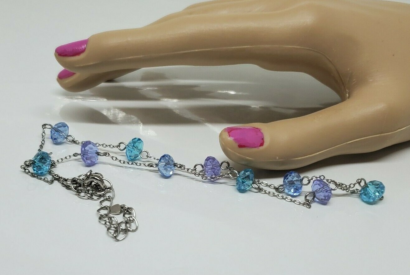 Vintage Beaded Purple Blue Necklace Rhinestone Silver Tone 18″ Adj