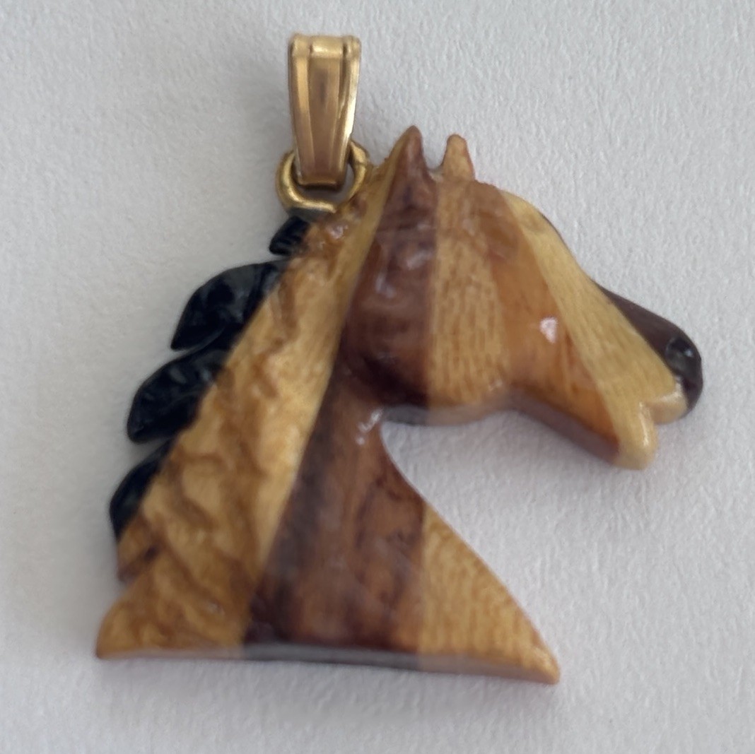 Vintage Hand Carved Wood Horse Head Pendant 1” Equestrian 14K GF Bail