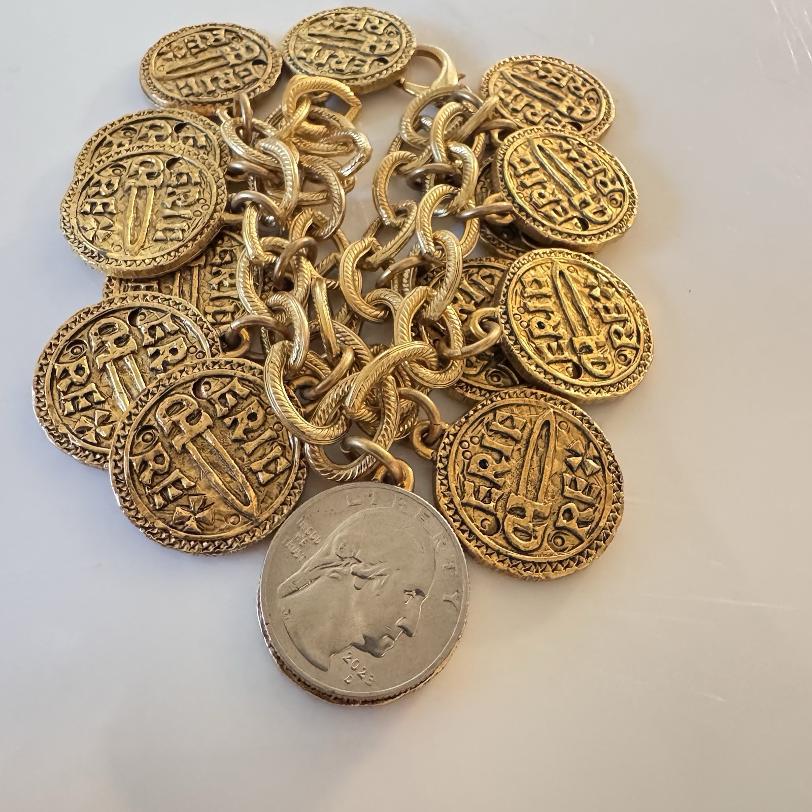 Vintage Stewart Lucas Coin Charm Bracelet, 80s 90s, Etruscan, Byzantine, Signed!