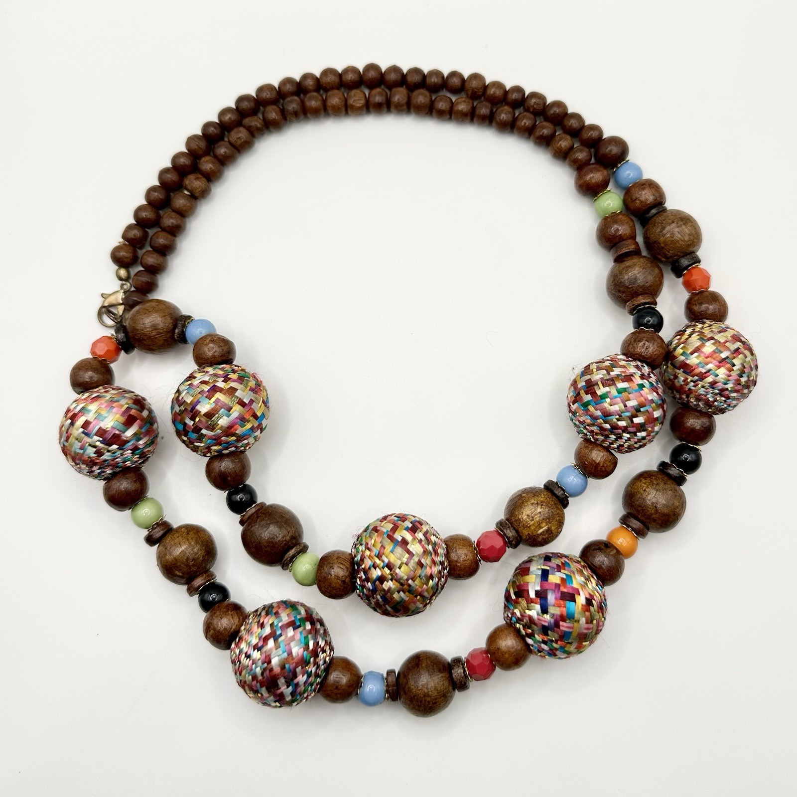 Vintage Multi-Color Boho Wood Statement Necklace Woven Bead 37”