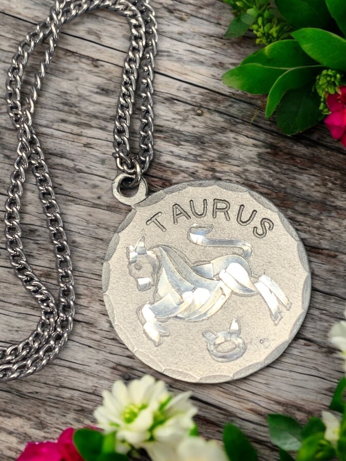 Vintage Pewter BDA Zodiac astrology Taurus Bull Engraved Pendant Necklace 18”