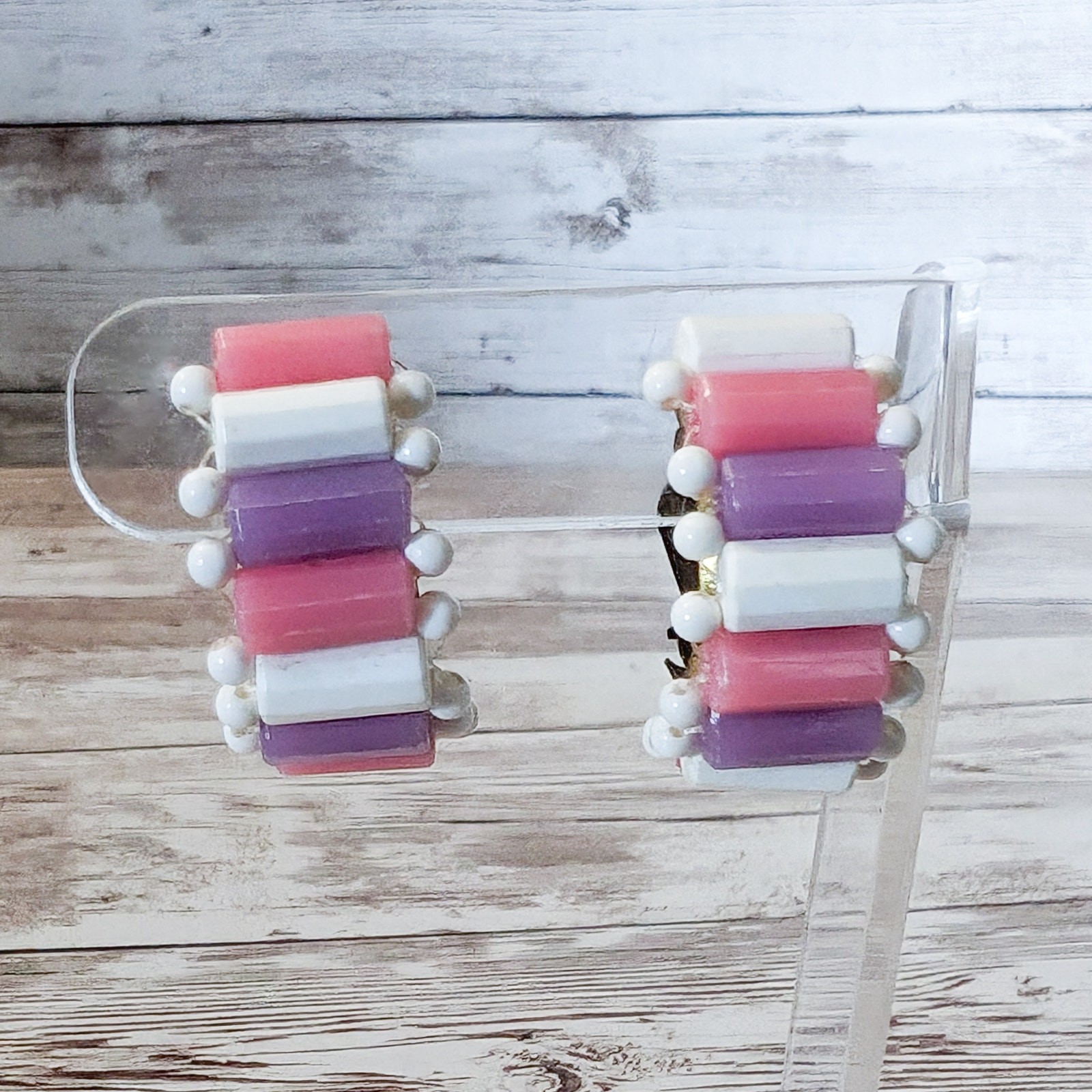 Vintage Clip On Earrings White, Purple, Pink Large Chunky Half Hoops