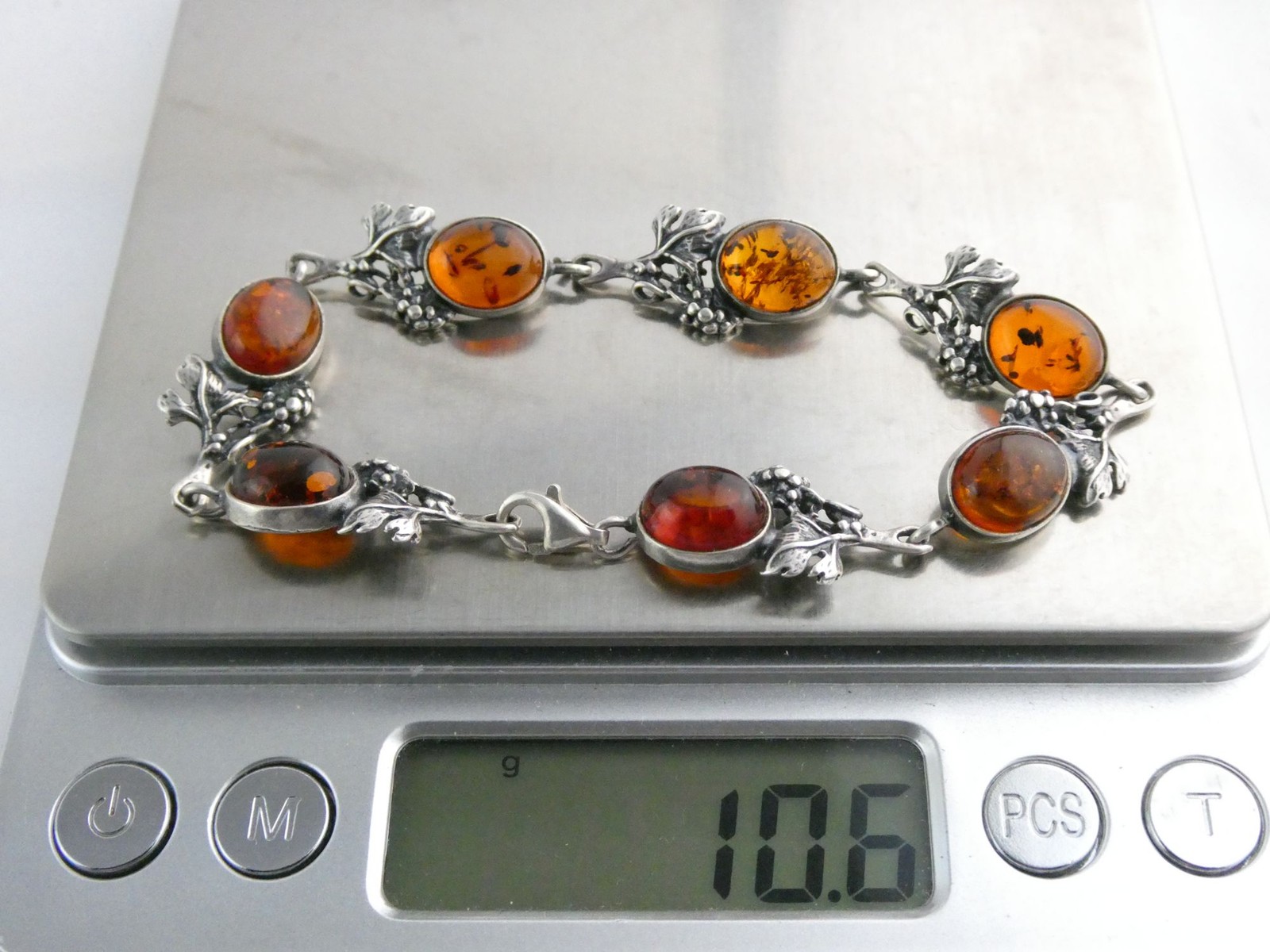 Vintage Sterling Silver Amber Cabochon Grape Vine Link Bracelet 925 7.25In 10.6g
