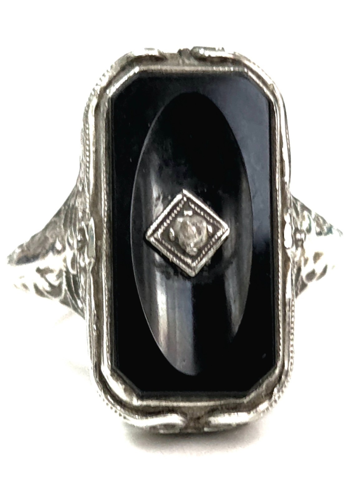 Antique 14K White Gold Black Onyx & Diamond Art Deco Filigree Ring Sz 6.5