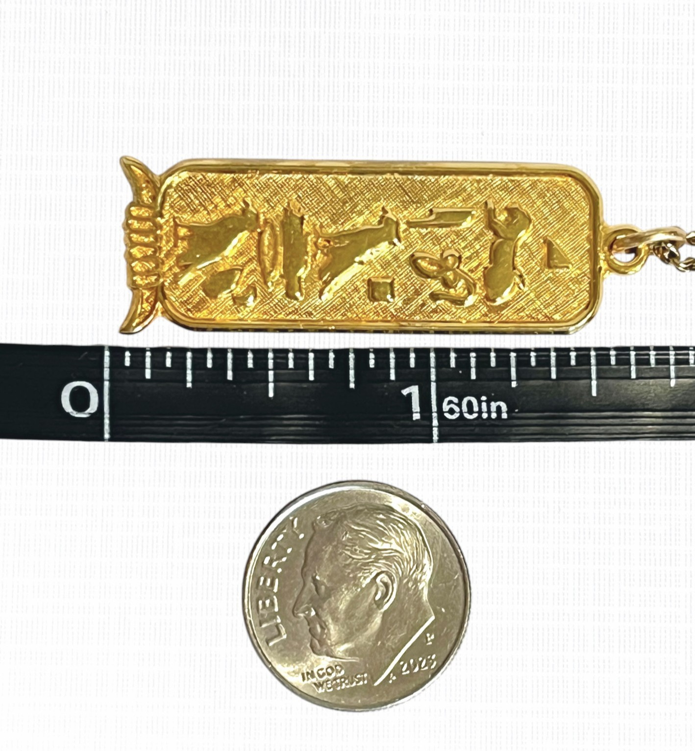 Vintage Egyptian Hieroglyphic Pendant Necklace Gold Tone Cartouche Charm 24″