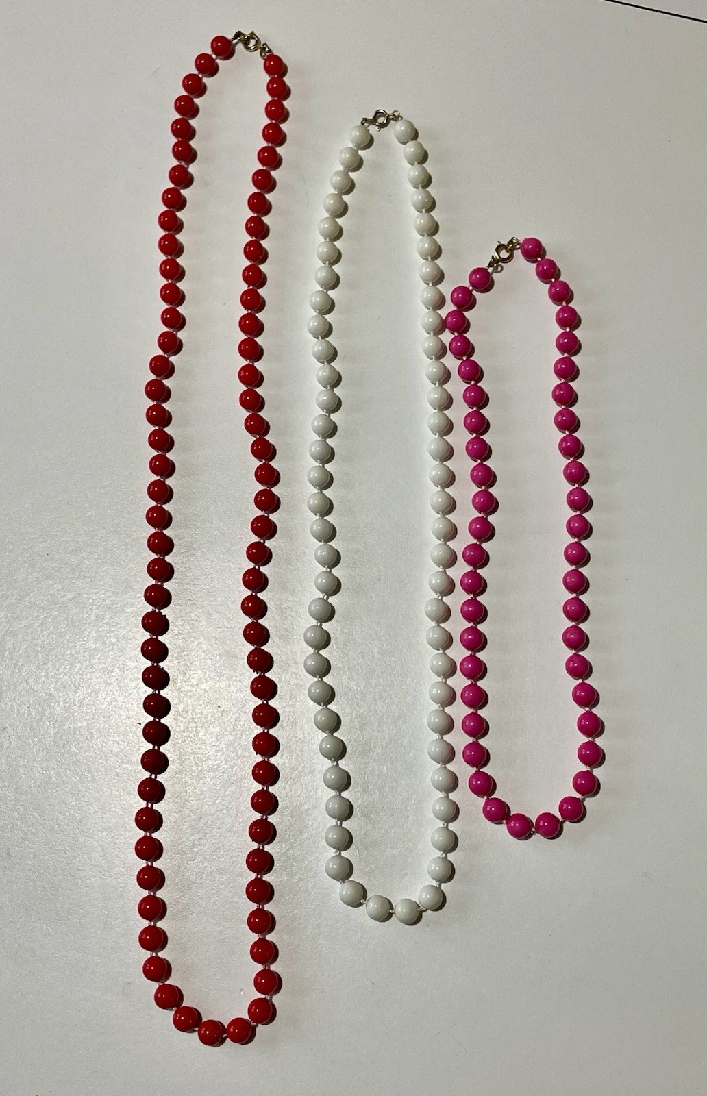 Vintage Plastic Beaded Necklace Lot 3 Retro Layering Strands Red White Fuchsia