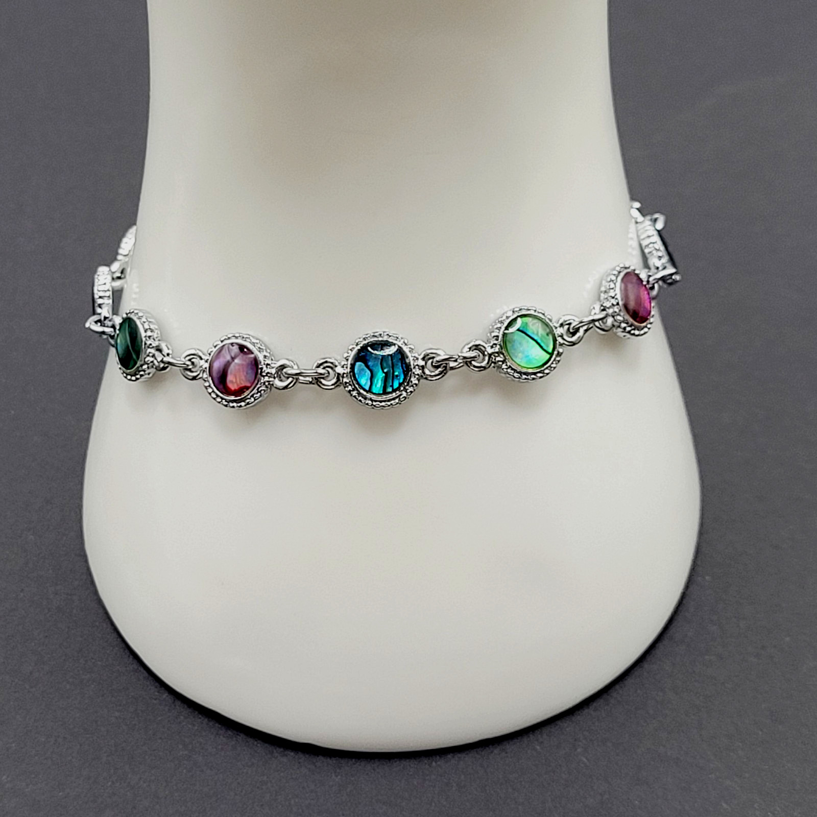 Signed SJ Colorful Paua Abalone Shell Silver Tone Link Vintage Bracelet 7.25 in