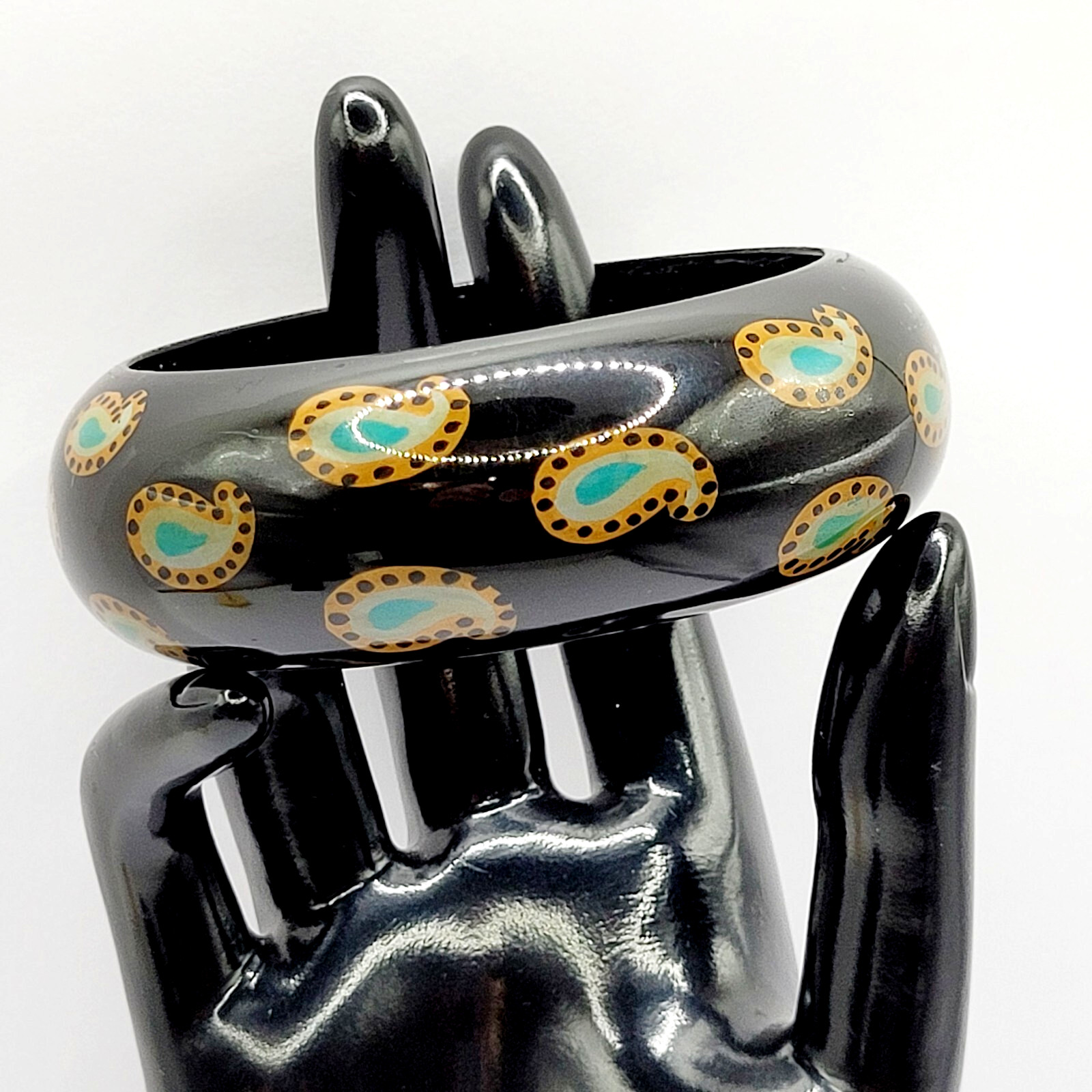 Paisley on Black Vintage Wide Chunky Vintage 1980s Acrylic Bangle Bracelet 8 In