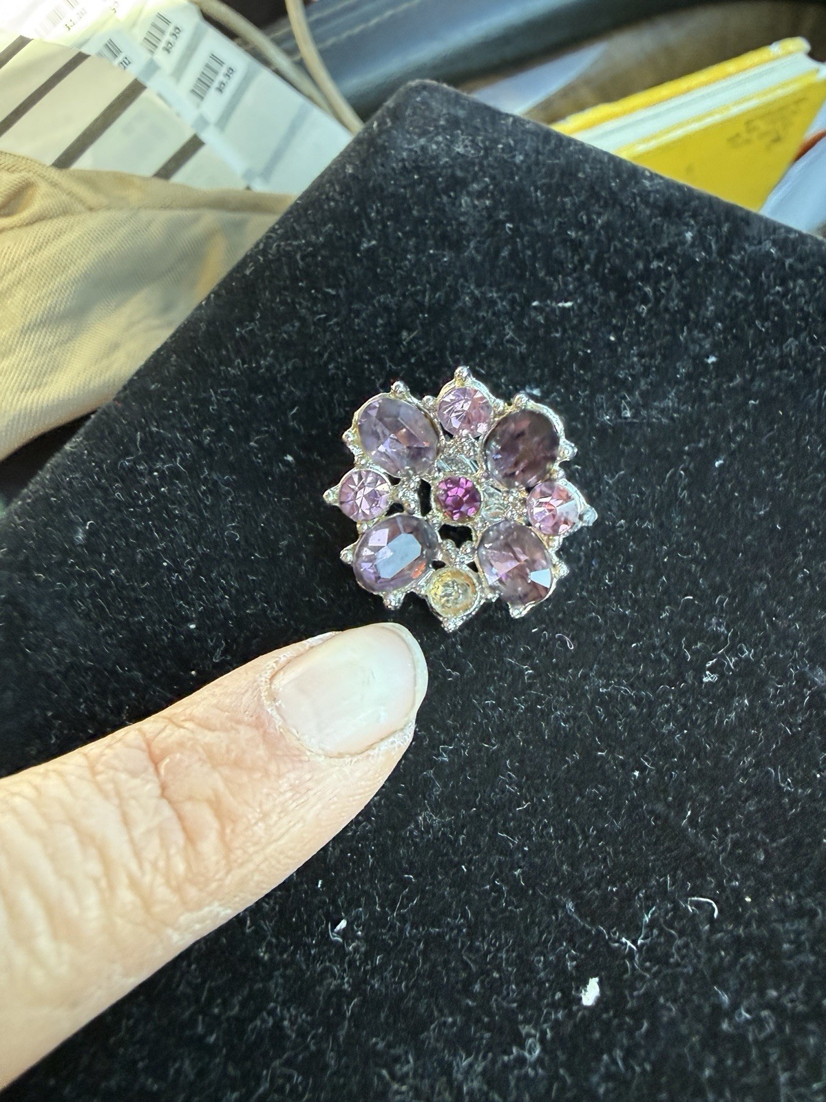 Vintage Purple Rhinestone Clip On Earrings Silver Tone Floral Cluster 1″ Jewelry