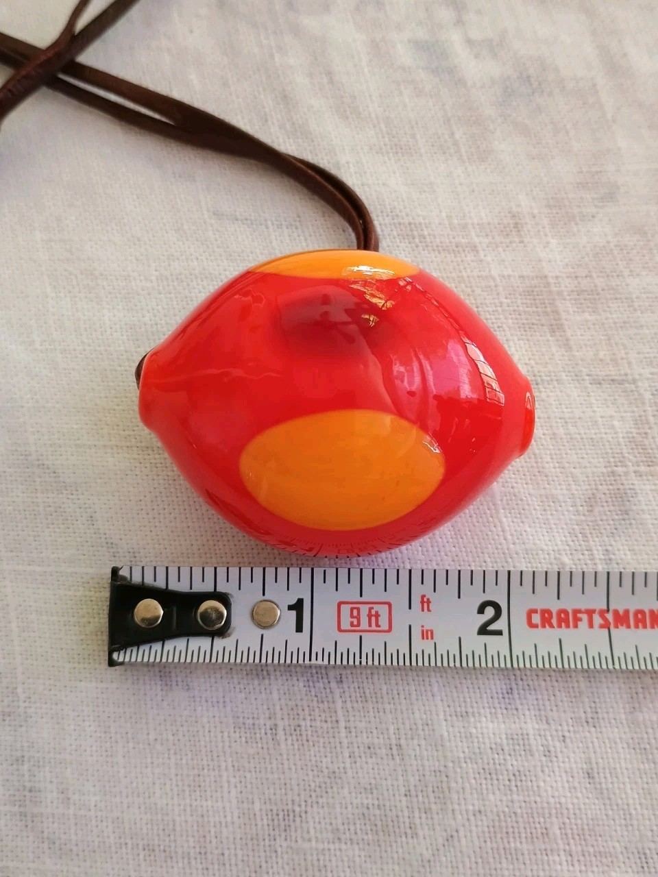 Leather Cord Pendant Necklace Sculptural Art Glass Red Orange 27″ Shell Vintage