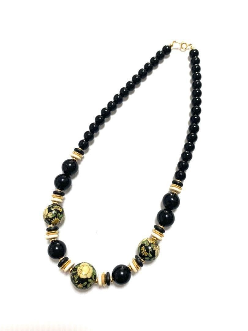 Vintage Cloisonné Enamel Floral Necklace Black Beads 45cm
