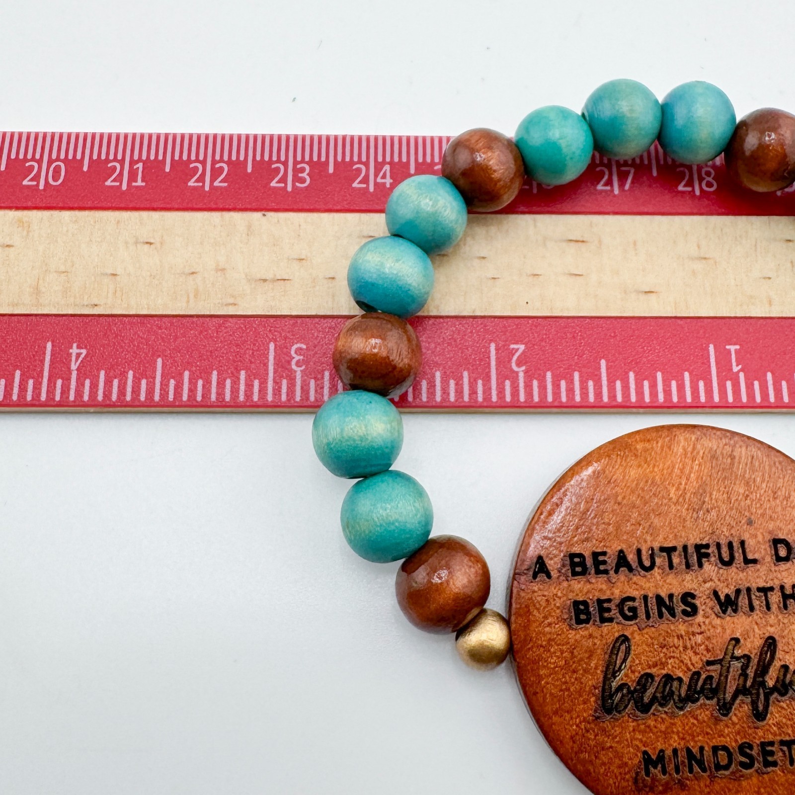 Wood Bead Bracelet 2 Set Stretch Stack Boho Quote “Beautiful Mindset” Earthy