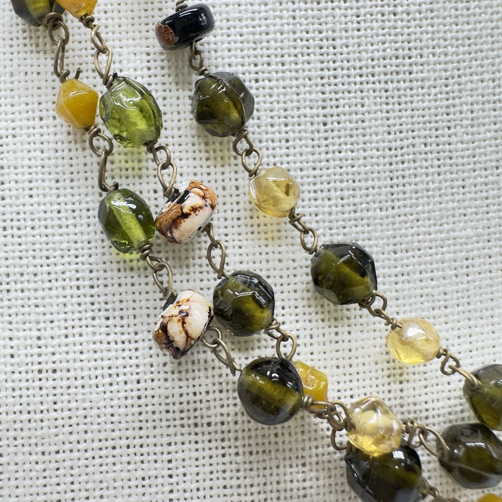 Vintage Art Glass Necklace Earth tones Multi-shape Molded Hand Wired 62″ Opera