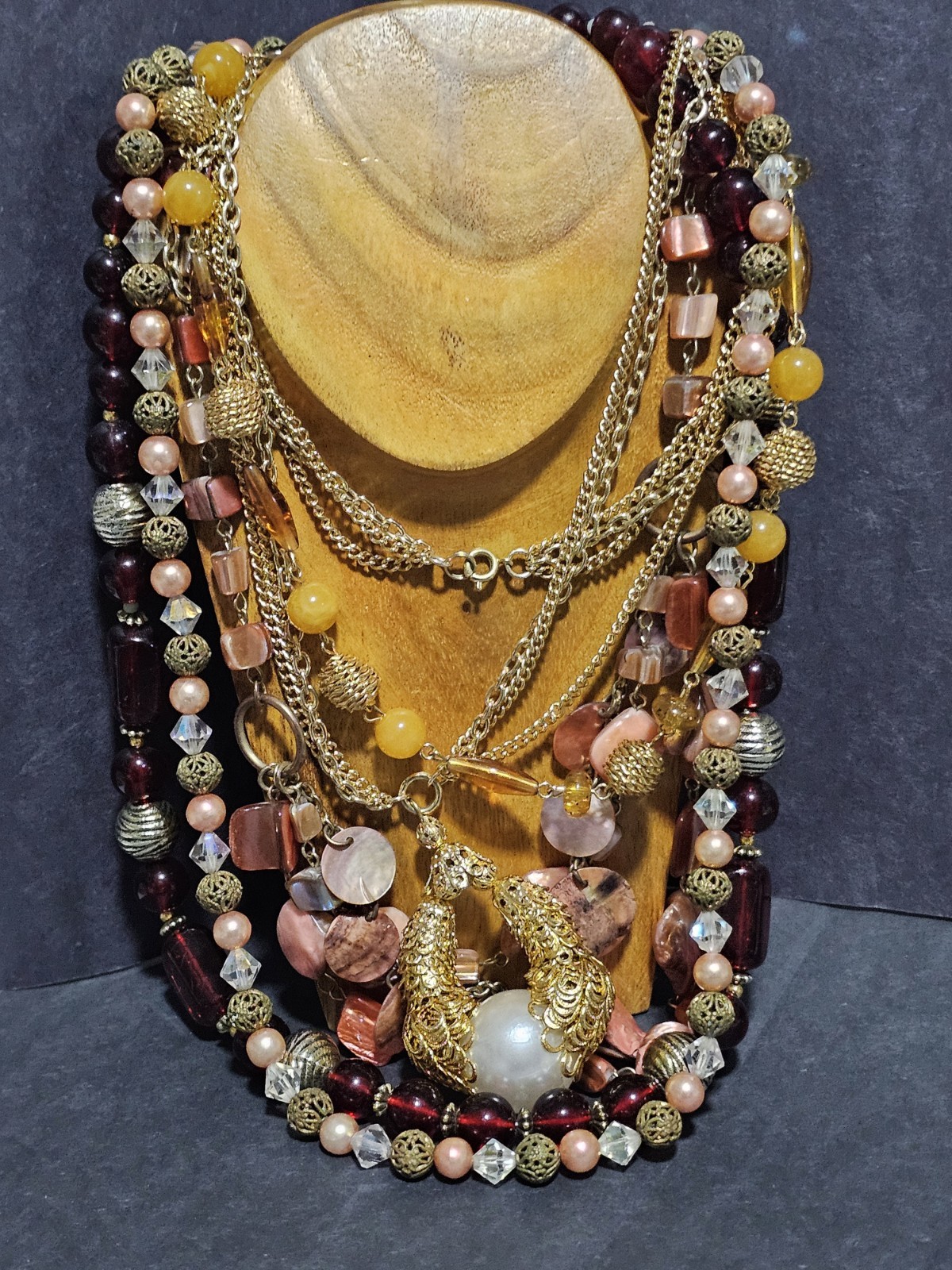 Estate Lot 5 Earth Tone Acrylic Lucite Shell Brass Accent Beaded Necklaces