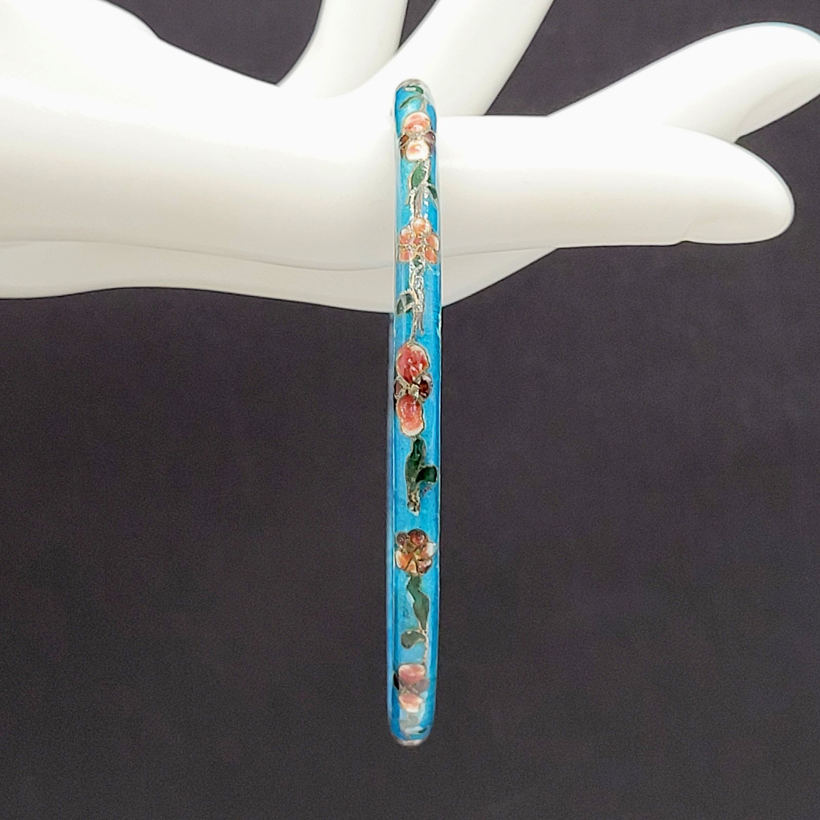 Cloisonné Light Blue Enamel Floral Hand Painted Asian Inspired Bangle Bracelet