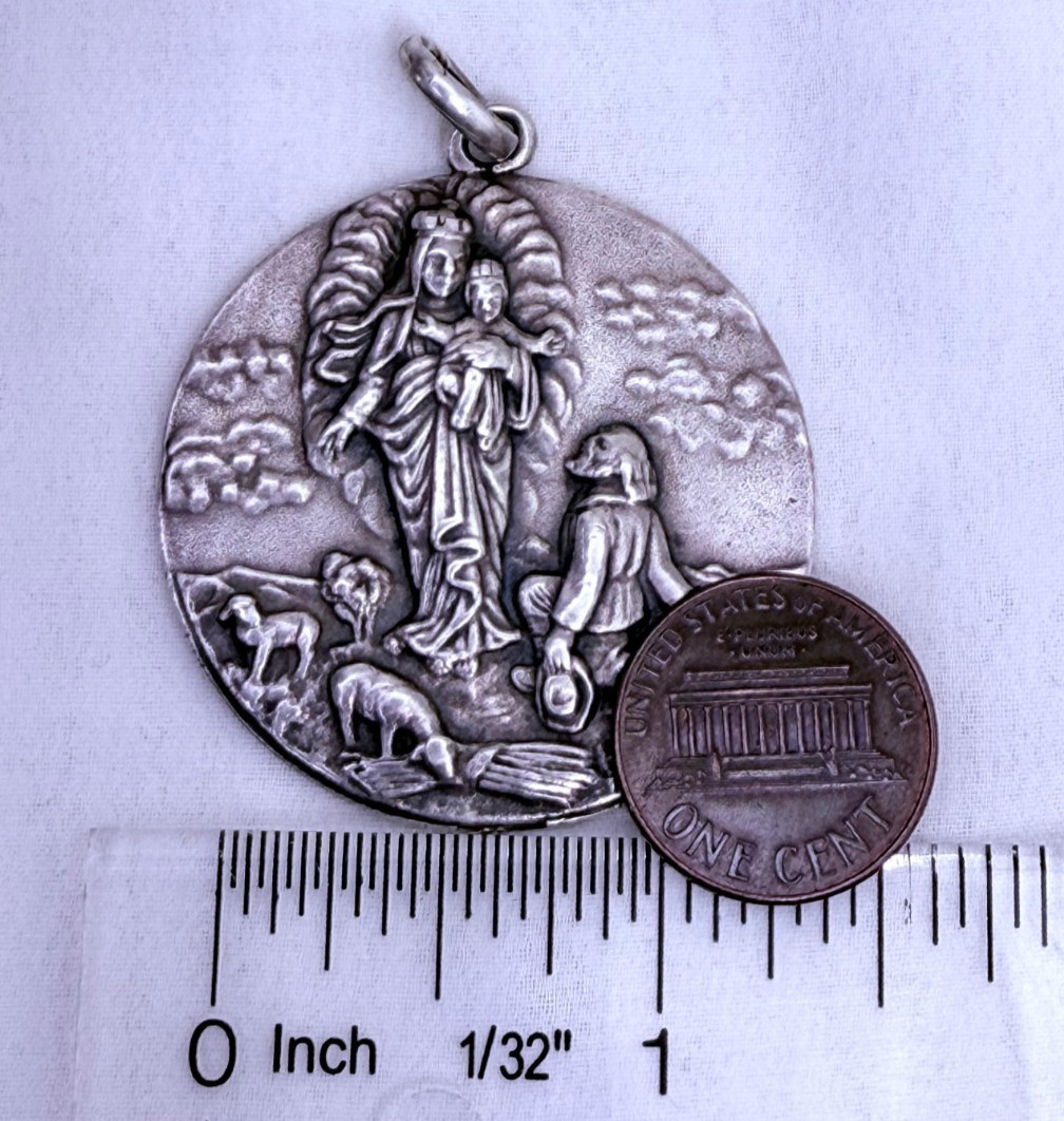 Vintage Sterling Silver 900 Virgin Mary Apparition Relief Medal Pendant 39mm