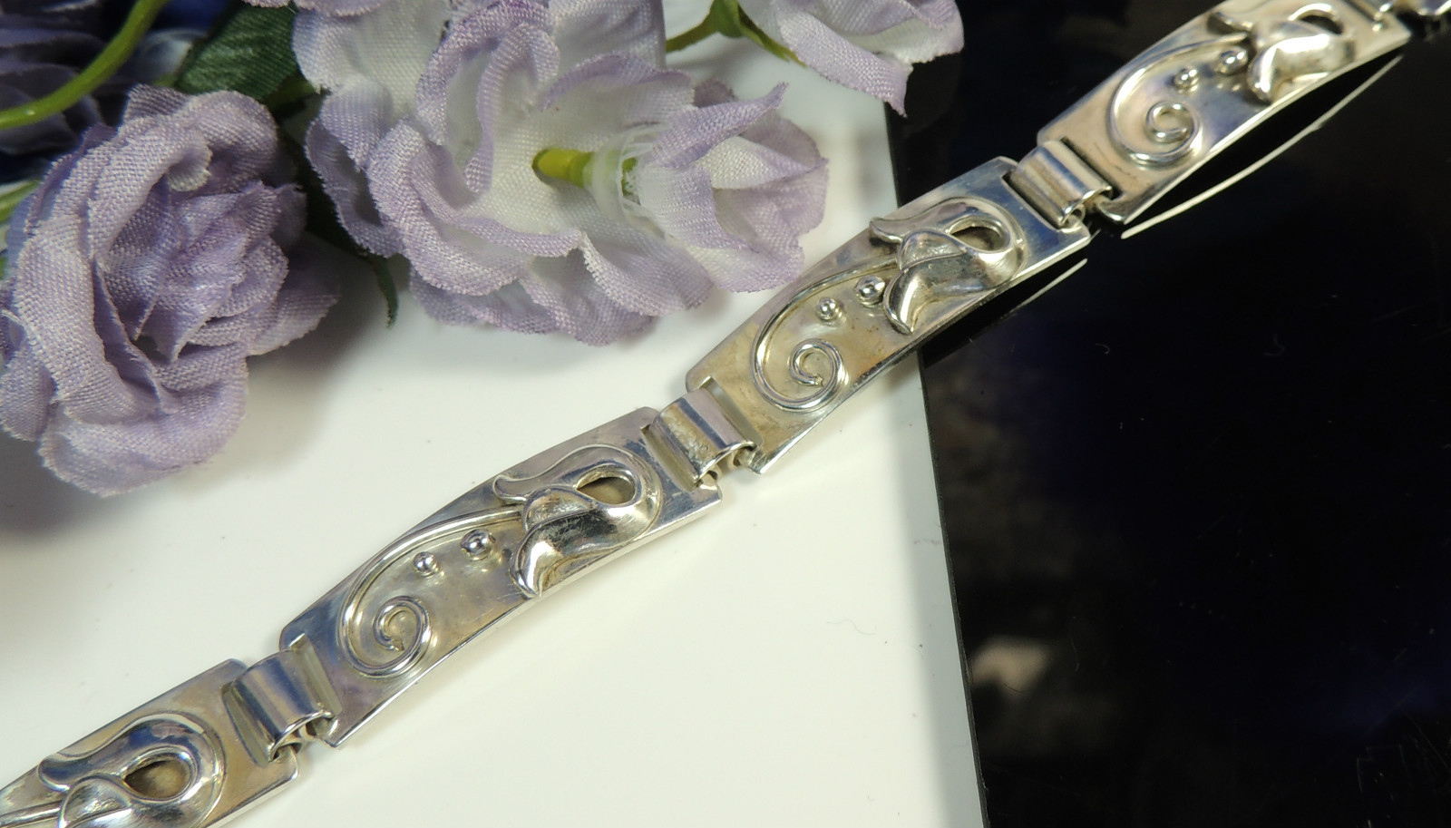 Vintage Beau 5 link Sterling Silver 0.925 7 1/4″ x 1/2 Bracelet w hook closure