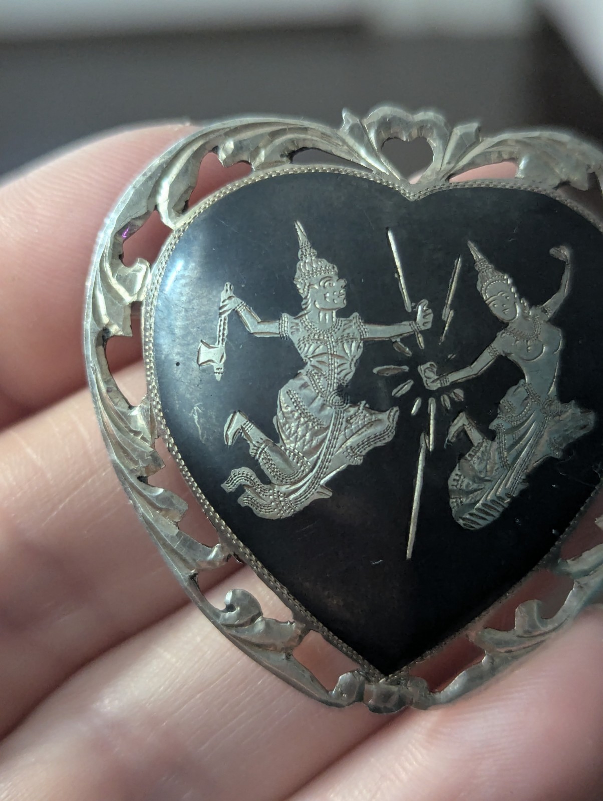 Vintage Siam Sterling Heart Black Niello Brooch Pin Lightning Goddess Love Art