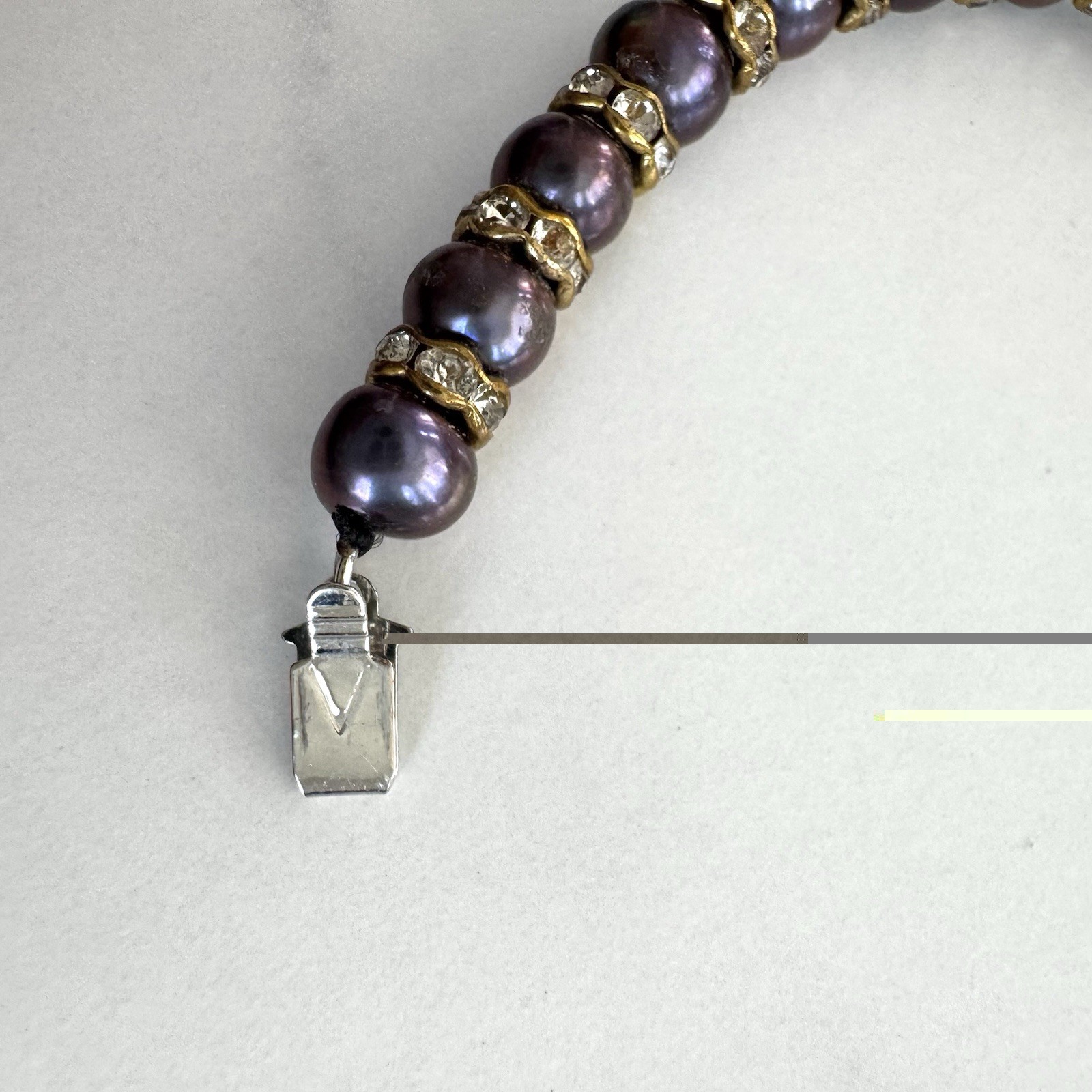 VTG Freshwater Pearl Bracelet Peacock Purple Rhinestone Rondelles Box Clasp 7.5”