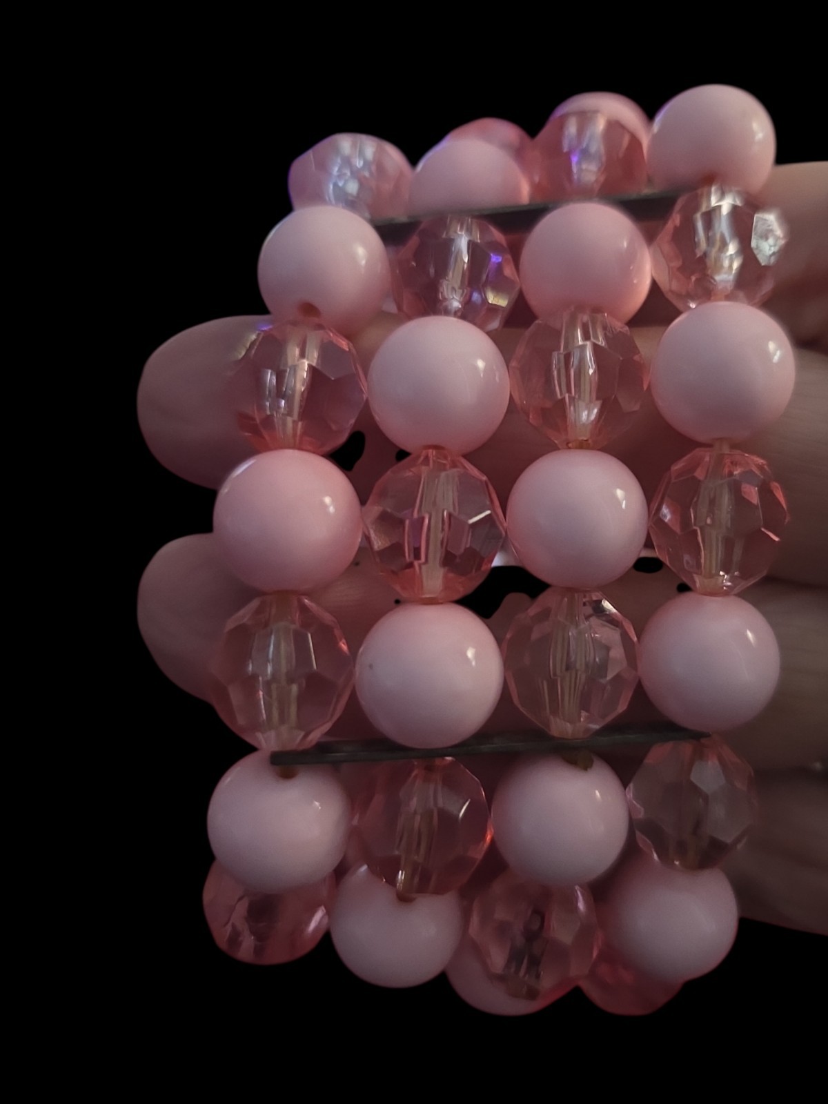 Vintage Pink Four Row Beaded Stretch Bracelet Retro 50’s
