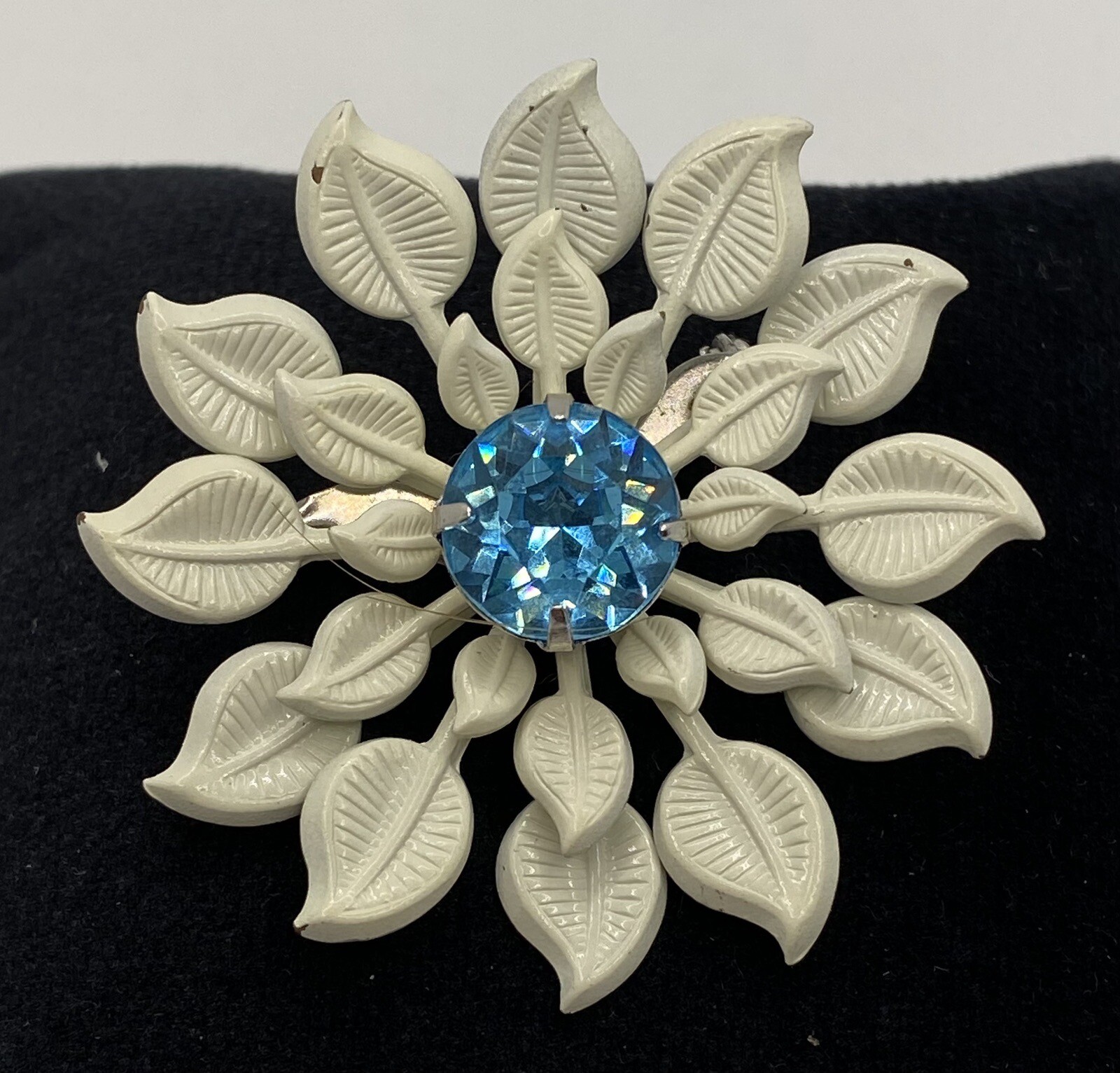 Vintage White Enamel Blue Topaz Rhinestone Flower Brooch & Clip-on Earring Set