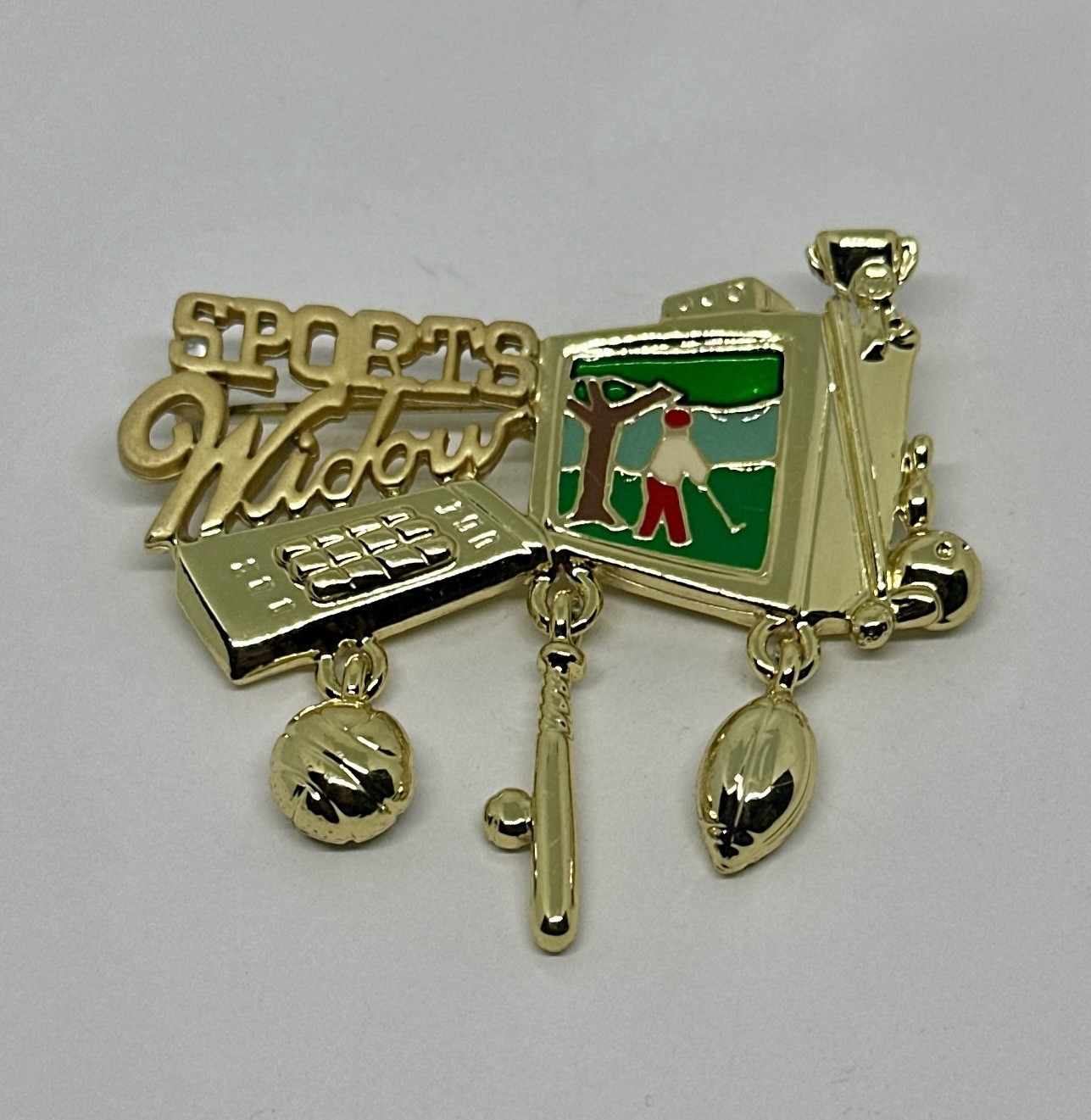 Vintage 1980s Danecraft Sports Widow Gold Tone Brooch Pin Dangle Charms