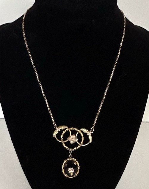 Vtg 10k Gold Art Deco Art Nouveau Lavalier Necklace Black Onyx Diamond