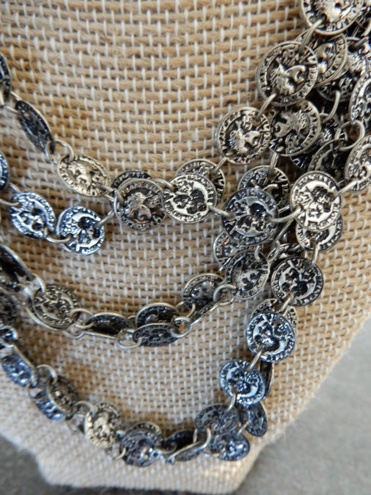 Multi Tier 6 strand Mini Coin Replica Link Silver Tone Necklace