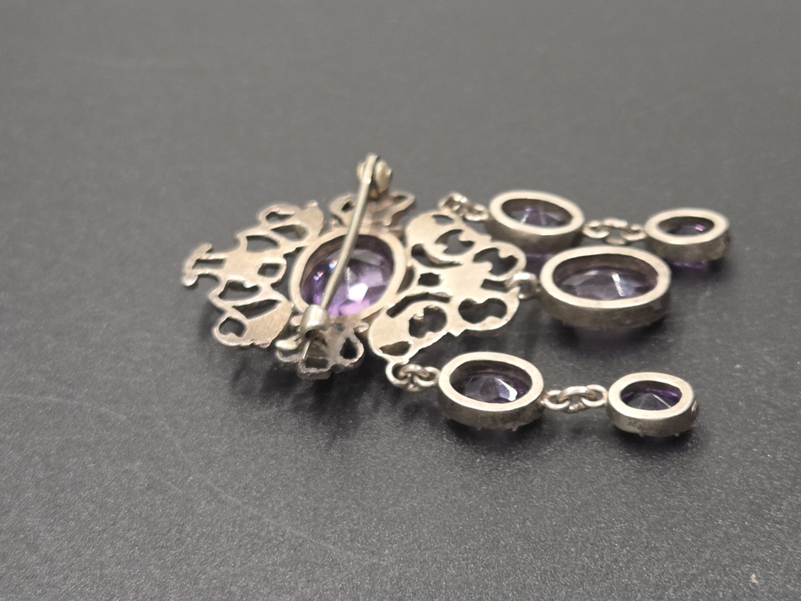 Antique Victorian Sterling Silver Purple Amethyst Dangle Brooch Festoon Pin OOAK
