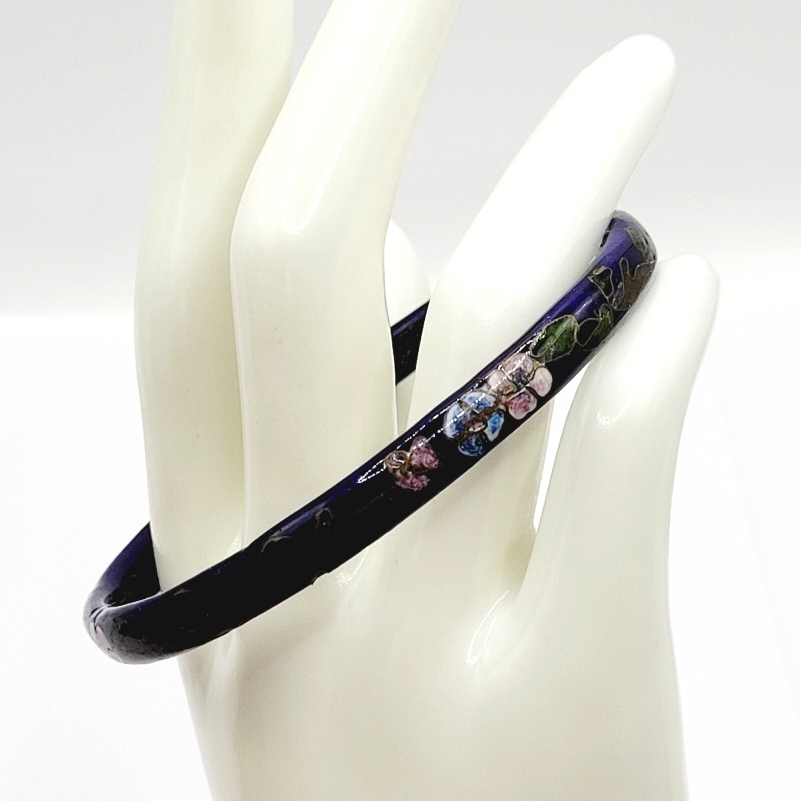 Cloisonné Asian Inspired Dark Cobalt Blue Floral Hand Painted Bangle Bracelet