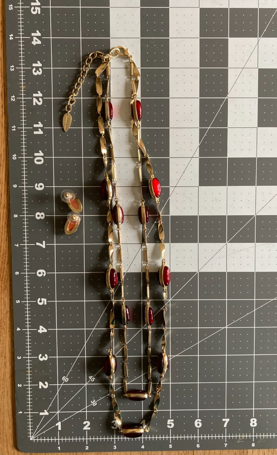 Coldwater Creek Gold Tone Red Cabochon Bead Double Strand Necklace Earrings Set