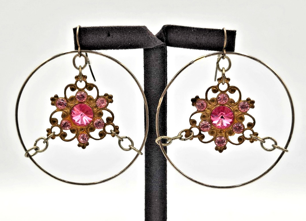 Vintage Pink Rhinestone Hoop Dangle Earrings Boho Chandelier Fish Hook