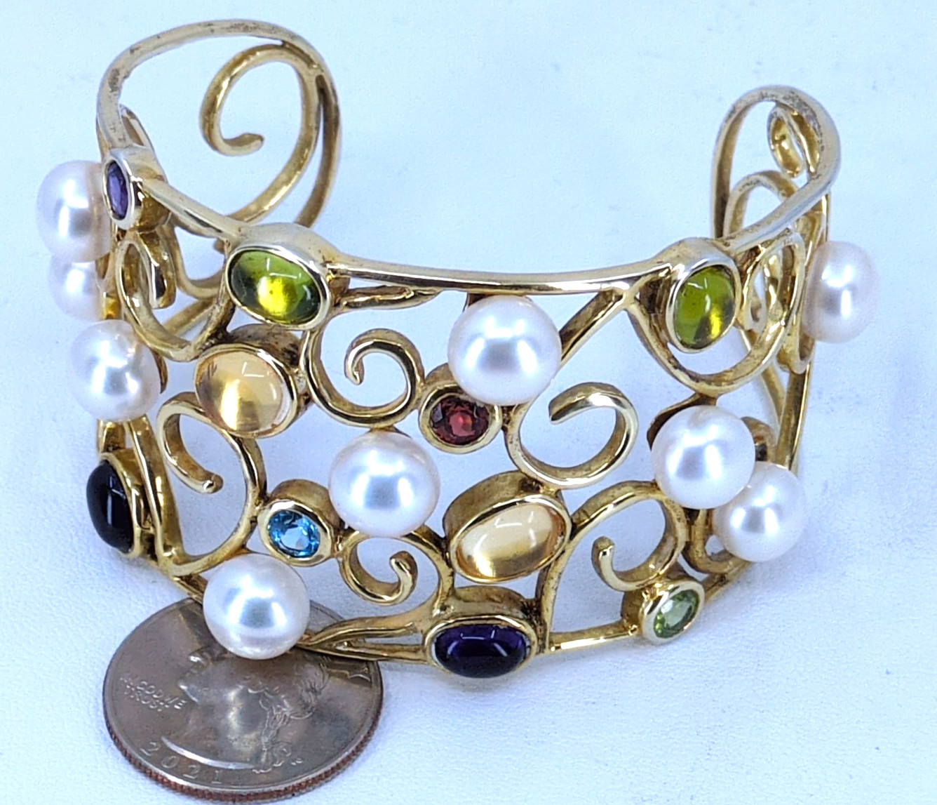 Gold Wash 925 Sterling Silver Multi-Gemstone & Mabe Pearl Filigree Cuff Bracelet