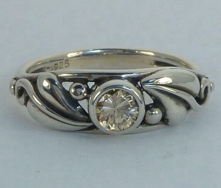 Vintage Sterling Ring, Champaign CZ Flowing Leaf Work, Konder #539