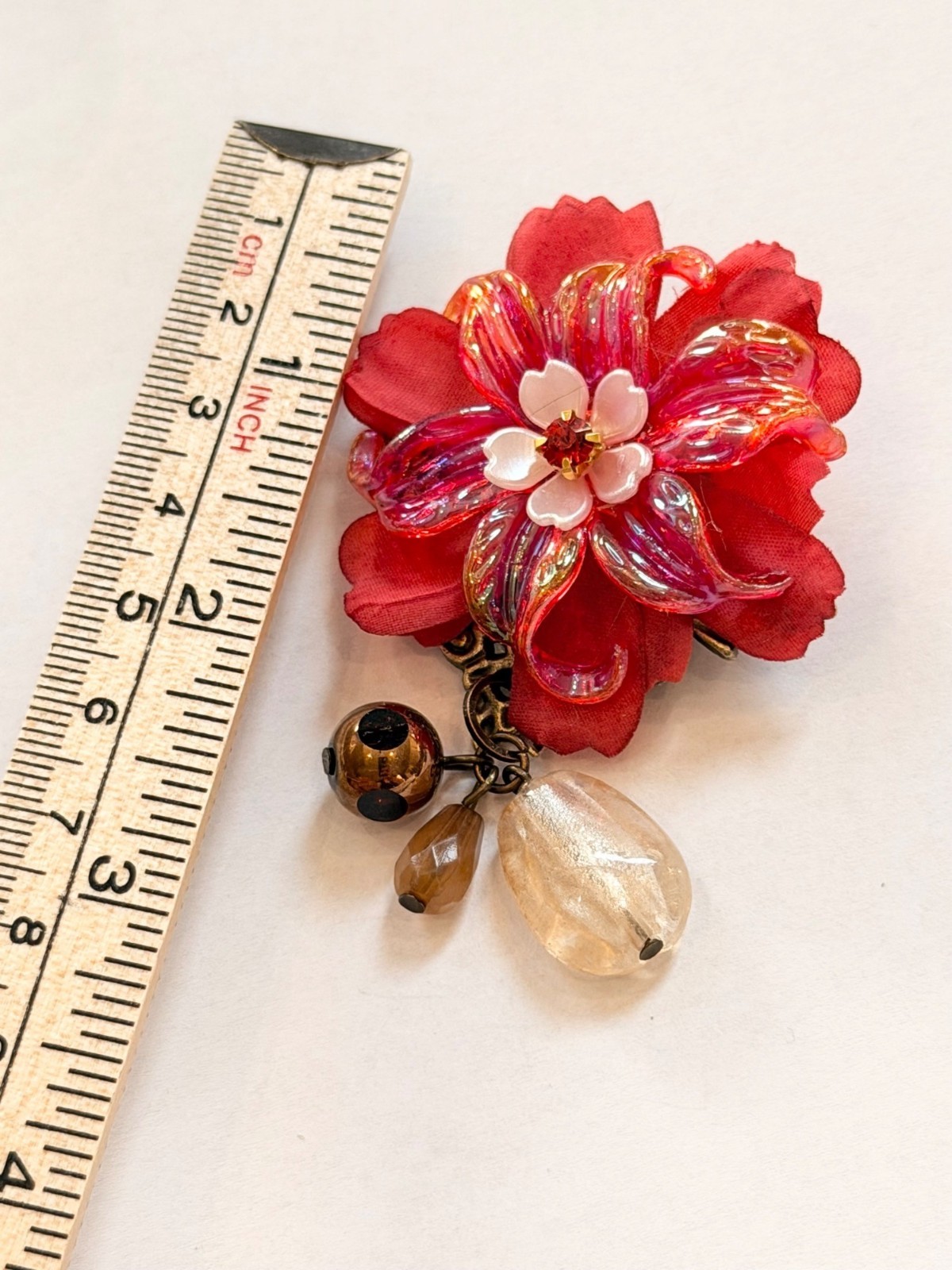 Red Floral Brooch With Crystal Beads & Metal Backing Vintage-Inspired Jewelry Ac