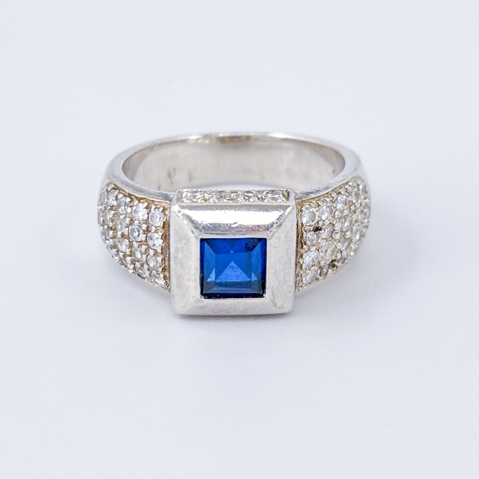 Vintage Sterling Silver 925 Art Deco Blue Iolite Cubic Zirconia Ring Size 5