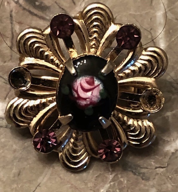 Vintage Gold Tone Filigree Hand Painted Pink Rose Black Enamel Floral Brooch Pin