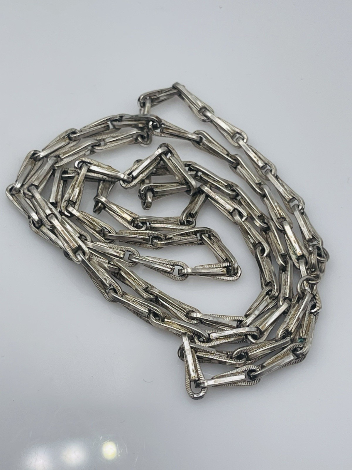 Antique Sterling Silver Elongated Bar & Loop Link Chain Long Necklace 30″