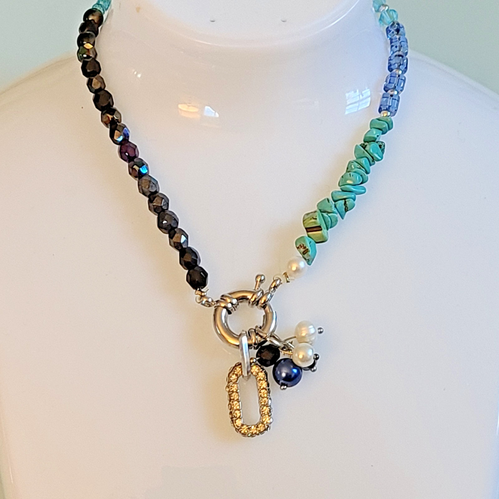 14″ Artisan Necklace – Genuine Turquoise Nuggets & Fire-Polished AB Glass Beads
